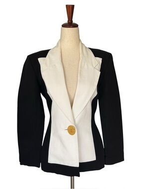 Vintage 80s Ann Taylor Black White Cotton Blazer Contrast Color Block XS